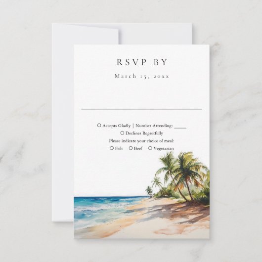 Elegant Watercolor Tropical Beach Wedding 出欠カード (正面)