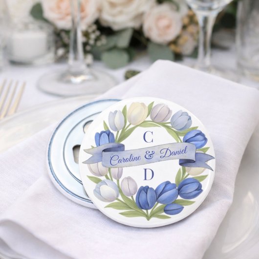 Elegant Watercolor Tulip Wreath Wedding Blue Ivory 栓抜き