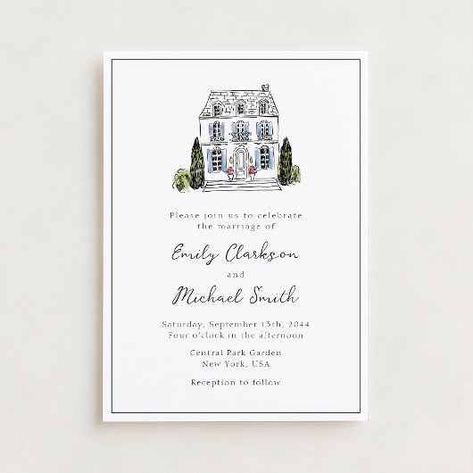 Elegant Watercolor Venue Sketch Wedding Invitation 招待状