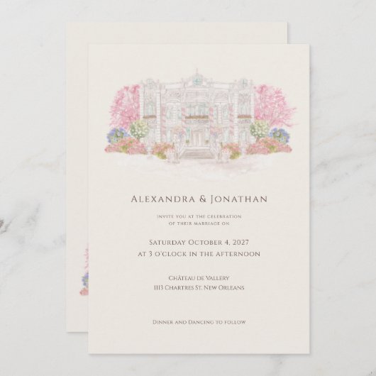 Elegant Watercolor Villa Wedding  招待状 (正面/裏面)