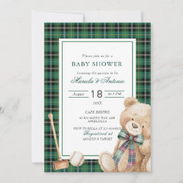 Elegant  Watercolor Vintage plaid teddy bear Baby  招待状