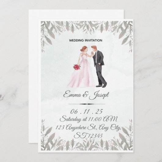 Elegant Watercolor Wedding Invitation  招待状 (正面/裏面)