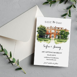 Elegant Watercolor Wedding Venue Sketch セーブザデート