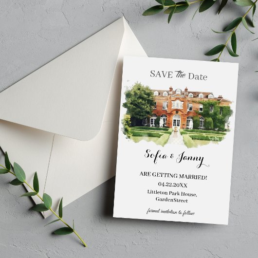 Elegant Watercolor Wedding Venue Sketch セーブザデート