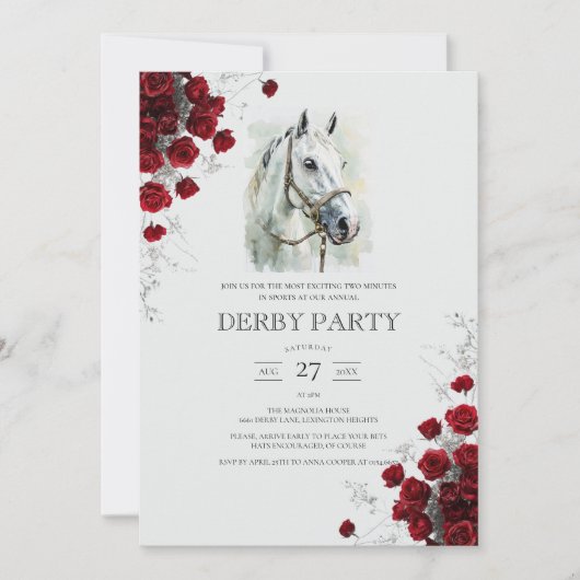 Elegant Watercolor White Horse Roses Kentucky Derb 招待状 (正面)