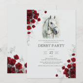 Elegant Watercolor White Horse Roses Kentucky Derb 招待状 (正面/裏面)