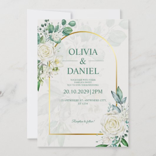 Elegant Watercolor White Roses Wedding Invitation 招待状 (正面)