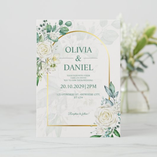 Elegant Watercolor White Roses Wedding Invitation 招待状 (スタンド正面)