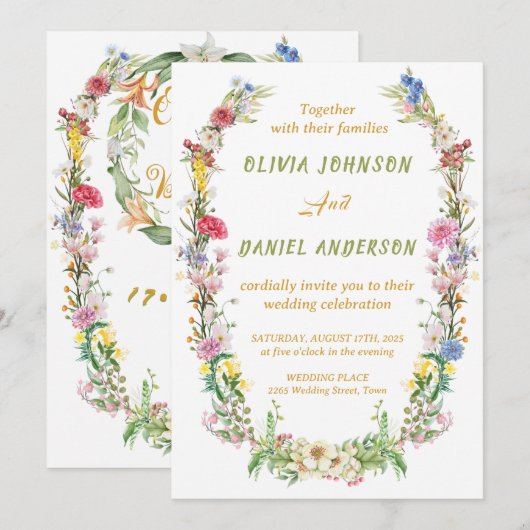 Elegant Watercolor Wild Flowers Wedding 招待状 (正面/裏面)