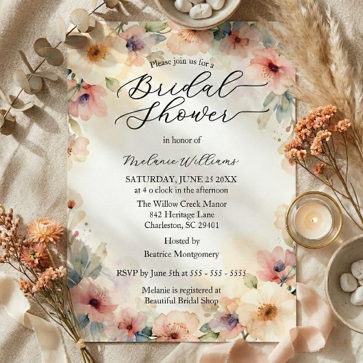 Elegant Watercolor Wildflower Garden Bridal Shower 招待状