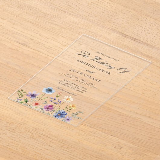 Elegant Watercolor Wildflower Spring Wedding アクリル招待状 (レイダウン)