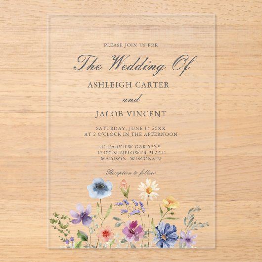 Elegant Watercolor Wildflower Spring Wedding アクリル招待状 (正面)