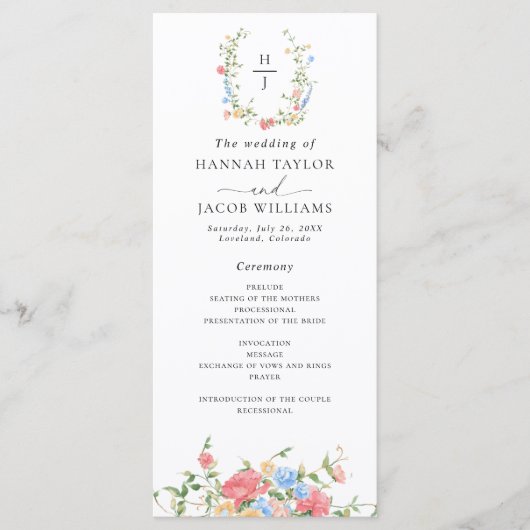 Elegant Watercolor Wildflower Wedding Program プログラム (正面)