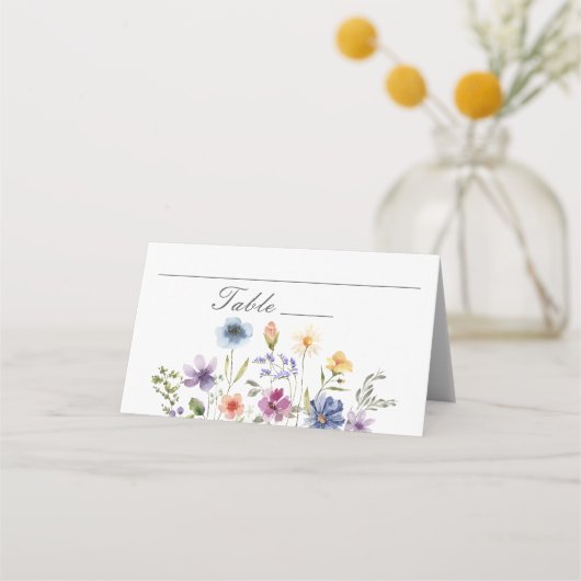 Elegant Watercolor Wildflowers Spring Wedding プレイスカード (正面)
