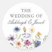 Elegant Watercolor Wildflowers Spring Wedding ラウンドシール (正面)
