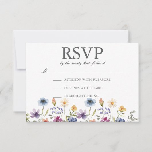 Elegant Watercolor Wildflowers Spring Wedding 出欠カード (正面)