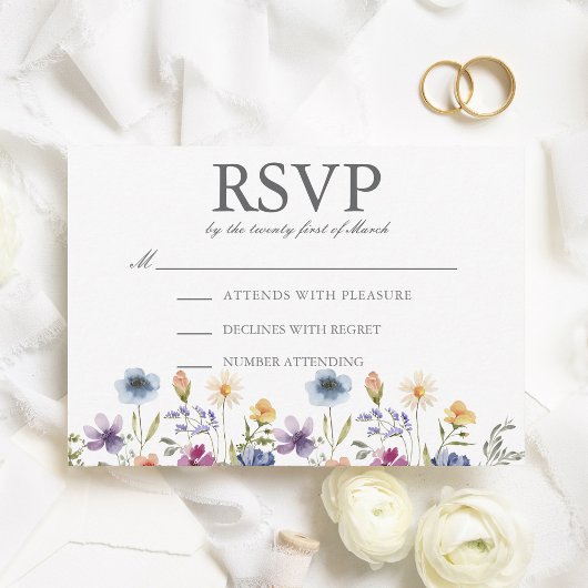 Elegant Watercolor Wildflowers Spring Wedding 出欠カード