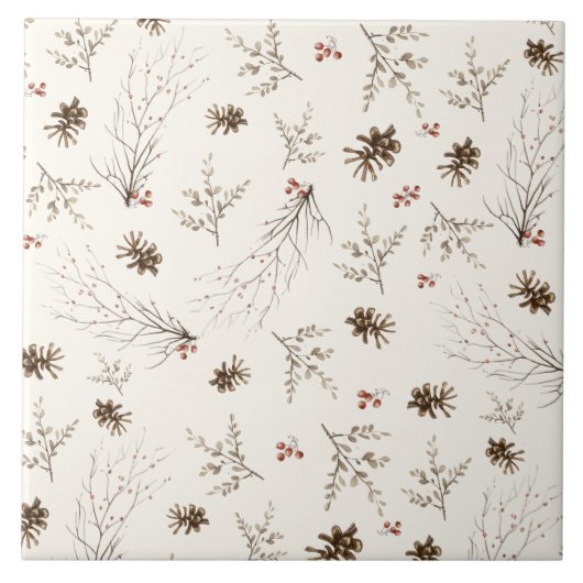 Elegant Watercolor Woodland Winterberry Pattern タイル (正面)