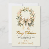 Elegant Watercolor Wreath Gold Bow Merry Christmas シーズンカード (正面)