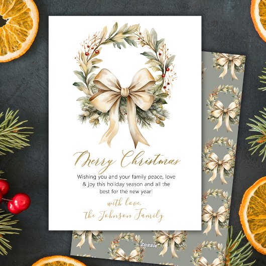 Elegant Watercolor Wreath Gold Bow Merry Christmas シーズンカード