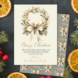Elegant Watercolor Wreath Gold Bow Merry Christmas シーズンカード