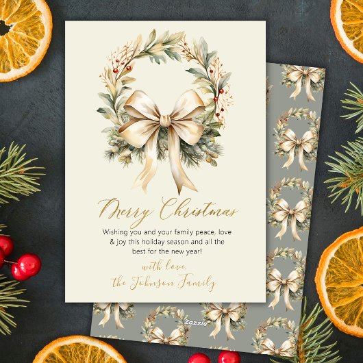 Elegant Watercolor Wreath Gold Bow Merry Christmas シーズンカード