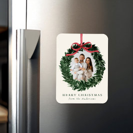 Elegant Watercolor Wreath with Bow Christmas Photo マグネット