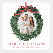 Elegant Watercolor Wreath with Bow Photo Holiday スクエアシール (正面)