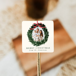 Elegant Watercolor Wreath with Bow Photo Holiday スクエアシール