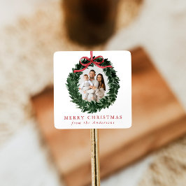 Elegant Watercolor Wreath with Bow Photo Holiday スクエアシール