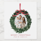 Elegant Watercolor Wreath with Bow Photo Holiday ワインラベル (シングルラベル)