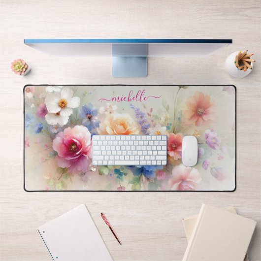 Elegant Watercolour Flowers Custom Name Text デスクマット (オフィス1)