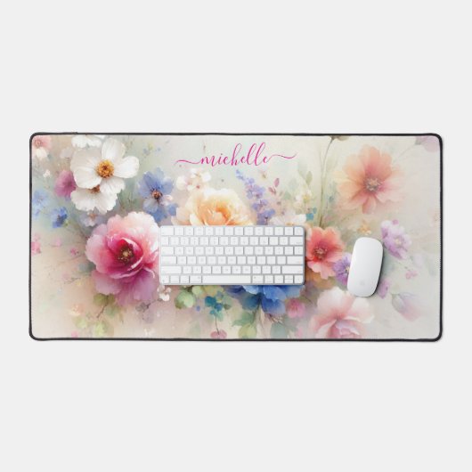 Elegant Watercolour Flowers Custom Name Text デスクマット (キーボード&マウス)