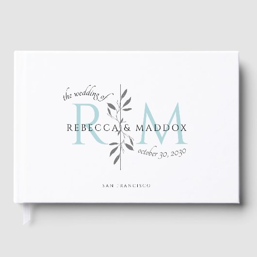 Elegant Wedding Aqua Botanical Monogram ゲストブック (正面)