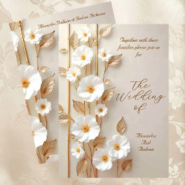 Elegant Wedding Beige White Flowers Gold Bamboo 招待状