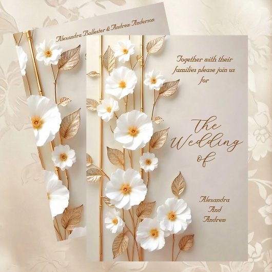 Elegant Wedding Beige White Flowers Gold Bamboo 招待状