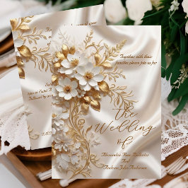 Elegant Wedding Beige White Gold Floral Silk 招待状