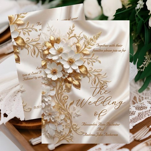 Elegant Wedding Beige White Gold Floral Silk 招待状