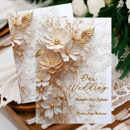 Elegant Wedding Beige White Lace Gold Flowers 招待状