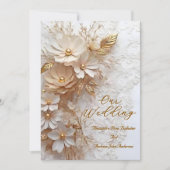 Elegant Wedding Beige White Lace Gold Flowers 招待状 (正面)