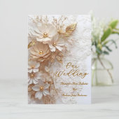 Elegant Wedding Beige White Lace Gold Flowers 招待状 (スタンド正面)