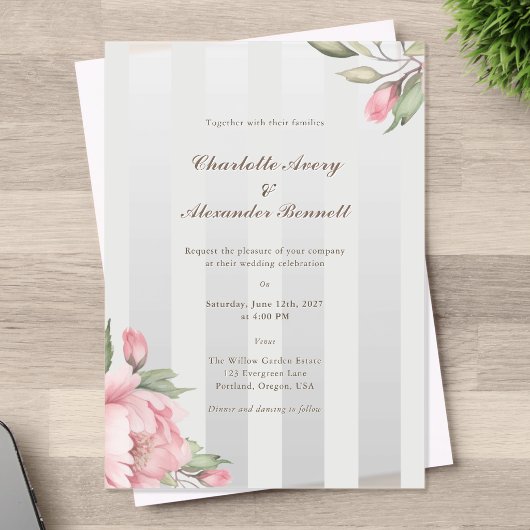 Elegant Wedding – Blush Peony & Soft Grey Striped  アクリル招待状