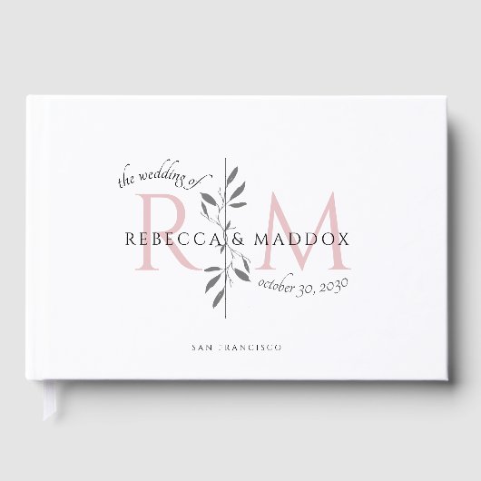 Elegant Wedding Blush Pink Botanical Monogram ゲストブック (正面)