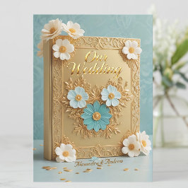 Elegant Wedding Book Blue White Gold Flowers 招待状