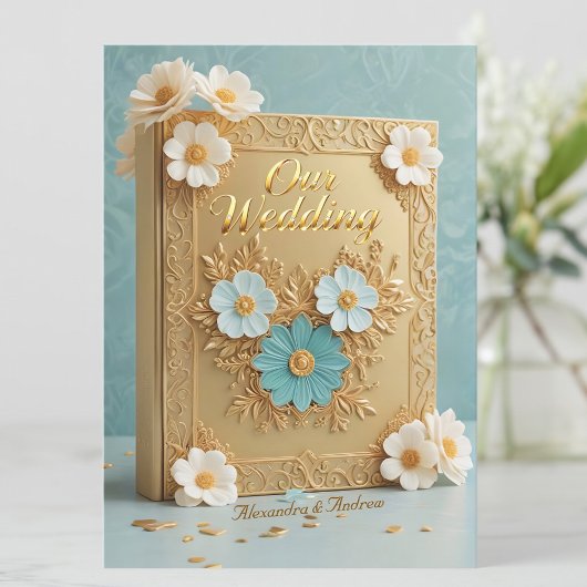 Elegant Wedding Book Blue White Gold Flowers 招待状