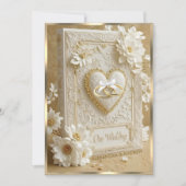 Elegant Wedding Book Gold Heart Lace White Flowers 招待状 (正面)