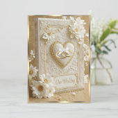 Elegant Wedding Book Gold Heart Lace White Flowers 招待状 (スタンド正面)