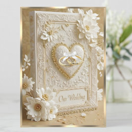 Elegant Wedding Book Gold Heart Lace White Flowers 招待状