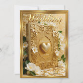 Elegant Wedding Book Gold Heart White Flowers 招待状 (正面)