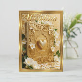 Elegant Wedding Book Gold Heart White Flowers 招待状 (スタンド正面)